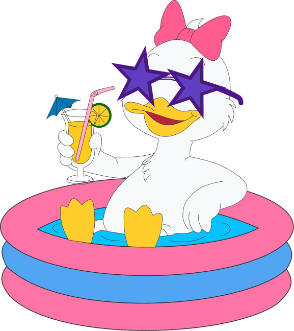 Teeny the duck relaxing in a pink pool float on the water surface